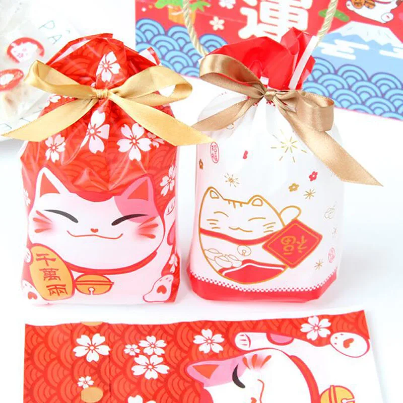 500pcs 23*15*6cm Happy Fortune Cat Candy Bag Plastic Gift Packaging Bags Baking Biscuit Cookies Bags ZA6277