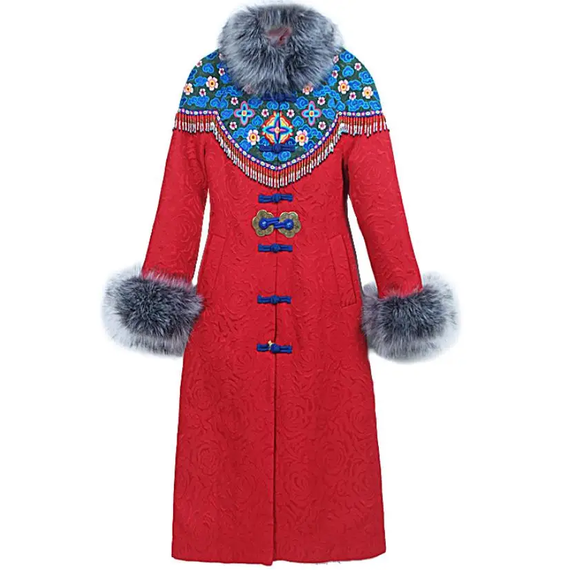 

3X!2022 winter national style embroidered cotton-padded jacket women slim waist long fur collar thickening warm coat