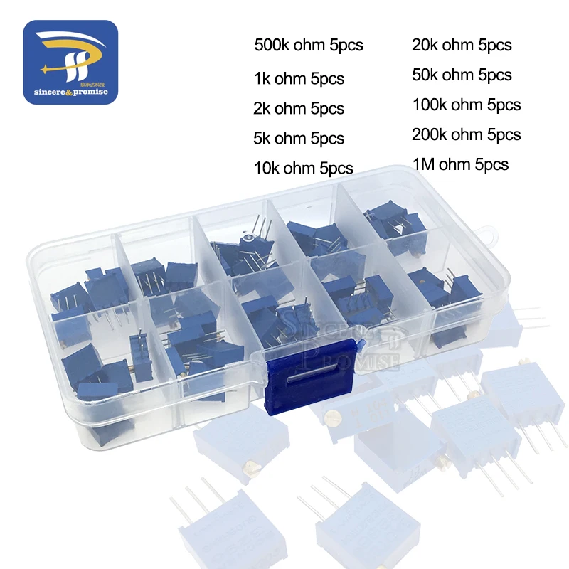 50Pcs/Lot 3296W Multiturn Trimmer Potentiometer Kit High Precision 3296 Variable Resistor 1K 2K 5K 10K 20K 50K 100K 200K 500K 1M