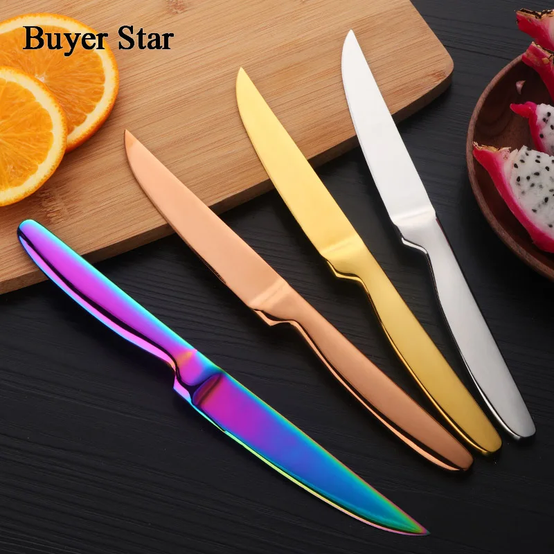 Buyer Star-cuchillos de acero inoxidable 304, cubiertos de Color arcoíris, cuchillo afilado para carne, juego de vajilla de 4 piezas de 8,6 pulgadas