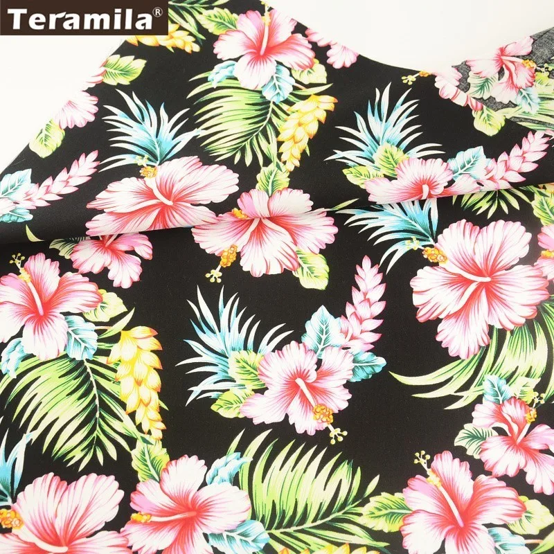 Teramila Cotton Poplin Printed Floral Design Black Home Textile Children\'s Cloth Fat Quarter Per Meter Crafts Patchwork Fabrics