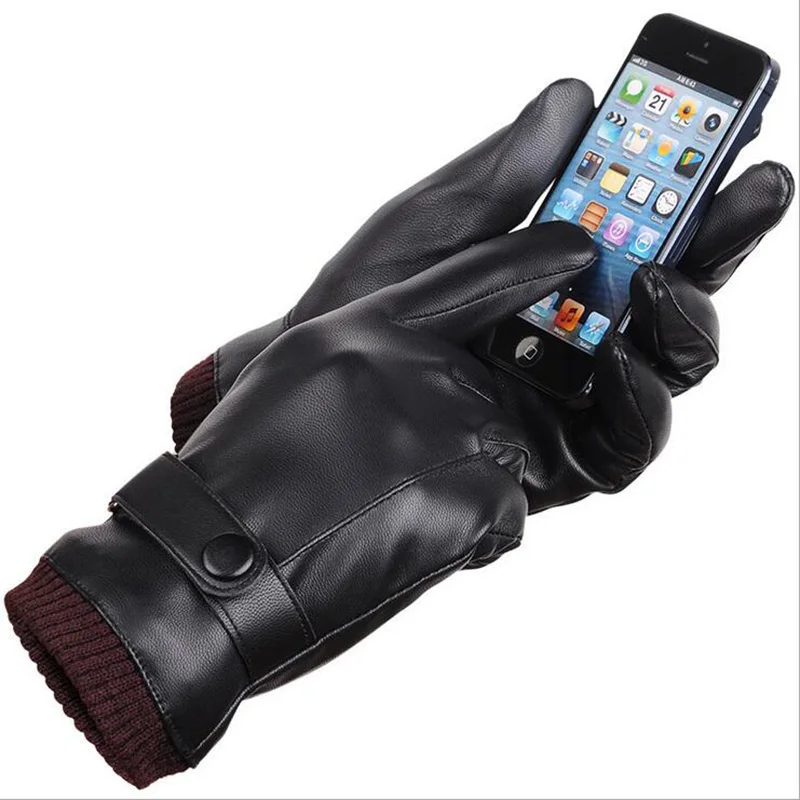 

Autumn Winter Men PU Leather Thickened Touch Screen Warm Full Fingers Windproof Driving Coral Fleece Gloves Mittens Black G118