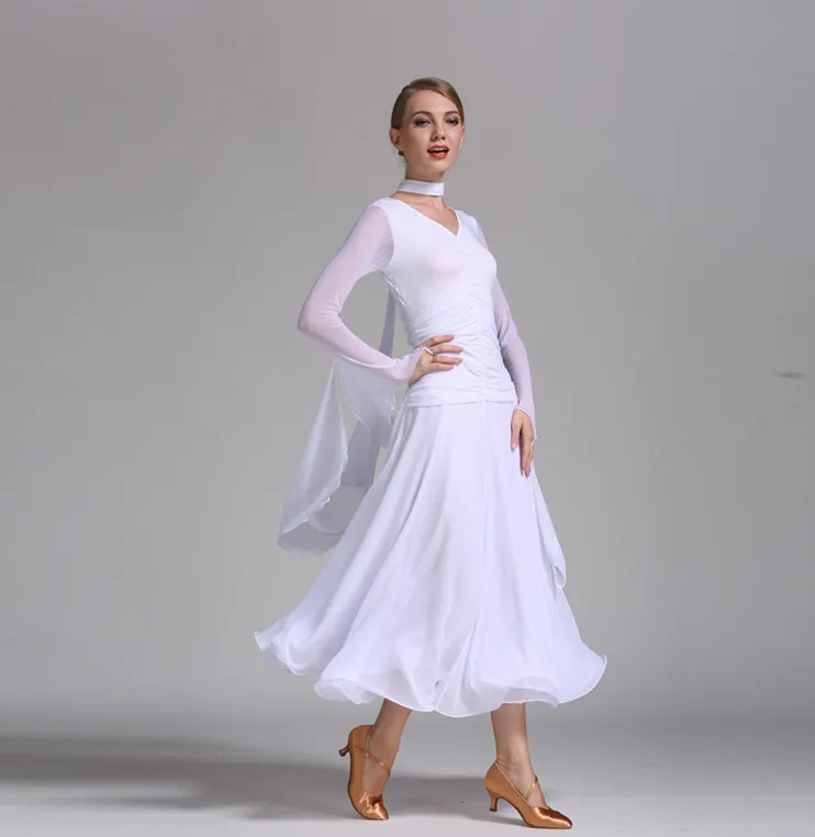 Chiffon Long Sleeves Standard Competition Ballroom Dance Dress For women One Piece Adult Modern/Waltz/Latin Dancing/Dancewear