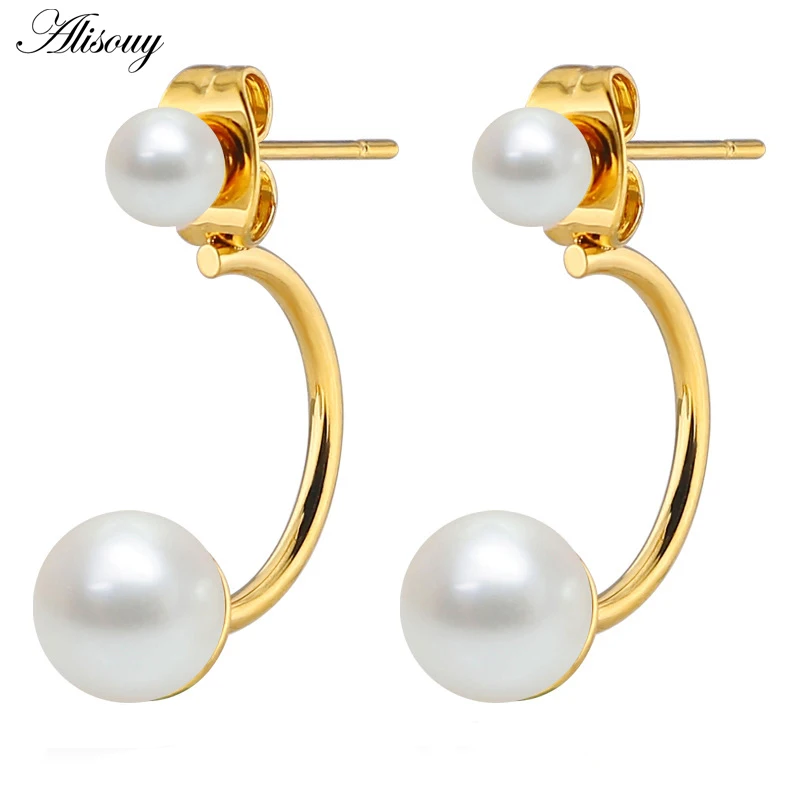 Alisouy 2pcs Fashion Women Double Pearl Balls Earring Studs Gold Color Stainless Steel Round Hook Stud Earrings Jewelry