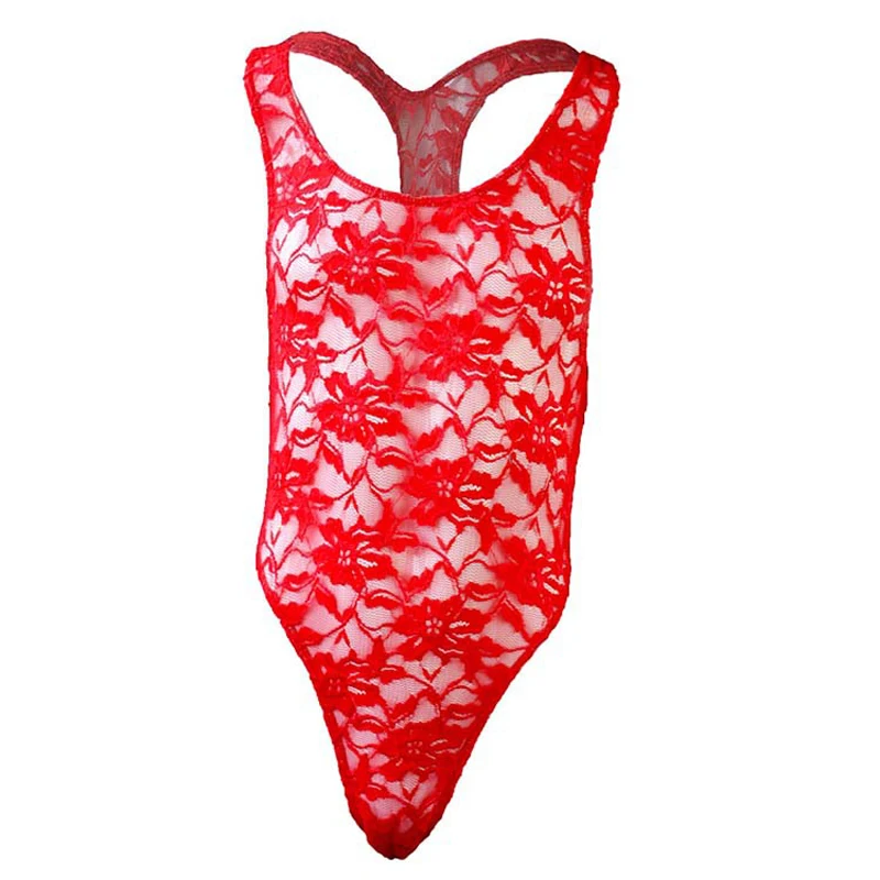 Sexy Men Lingerie One-piece Floral Lace Semi See-through Bodysuit Underwear Sleeveless High Cut Jumpsuit Costume bodysuit men