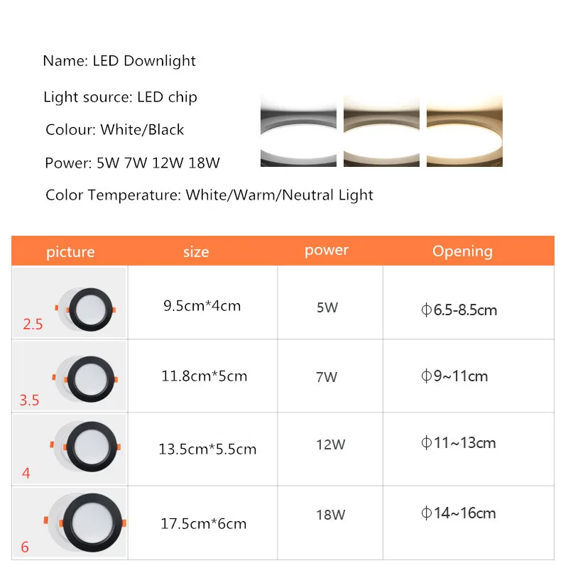 Luz descendente LED redonda ultrabrillante, 2,5, 3,5, 4 y 6 pulgadas, de aluminio, CA de 220V, foco empotrable para techo