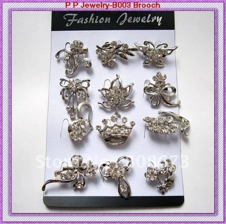 

Free Shipping 12pcs/lot Mixed Mini Silver Brooch Pin Crystal Rhinestone