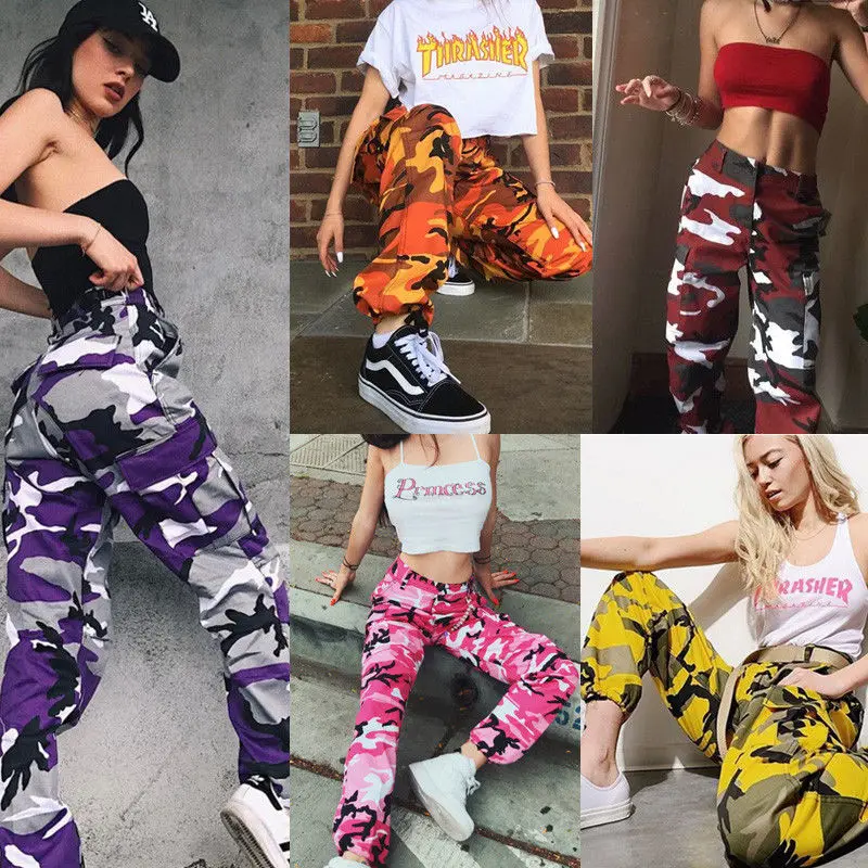 Fashion Women Camo Cargo High Waist Hip Hop Trousers Pants Military Army Combat Camouflage Long Pants Hot Capris