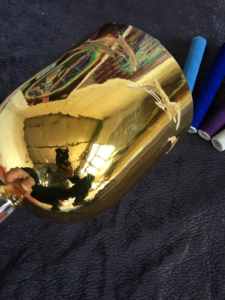 24k gold crystal singing handle bowl with dolphins carved design spiritual healing 4th octave C# note Sexual chakra master bowl