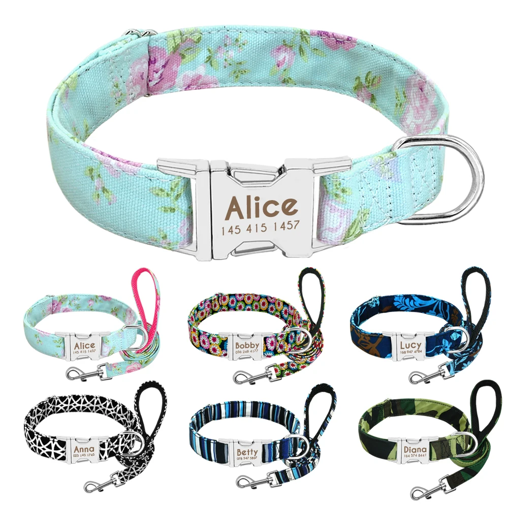 

Dog Collar Personalized Nylon Dog Collar and Leash Pet Nameplate ID Collars Printed Puppy Leash For Small Medium Large Dogs Pug