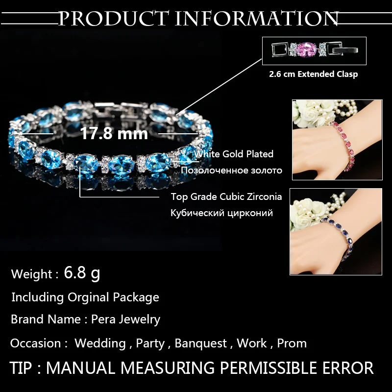 Pera Fashion Summer Style Light Blue Crystal Tennis Bangles for Women Silver Color Big Round Cubic Zirconia Link Bracelets B107