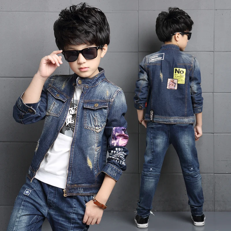 

New 2023 Spring Fall Boys Fashion Handsome Patchwork Jackets Children's Casual Spliced Denim Coat Male Kids Ripped Outerwear X14