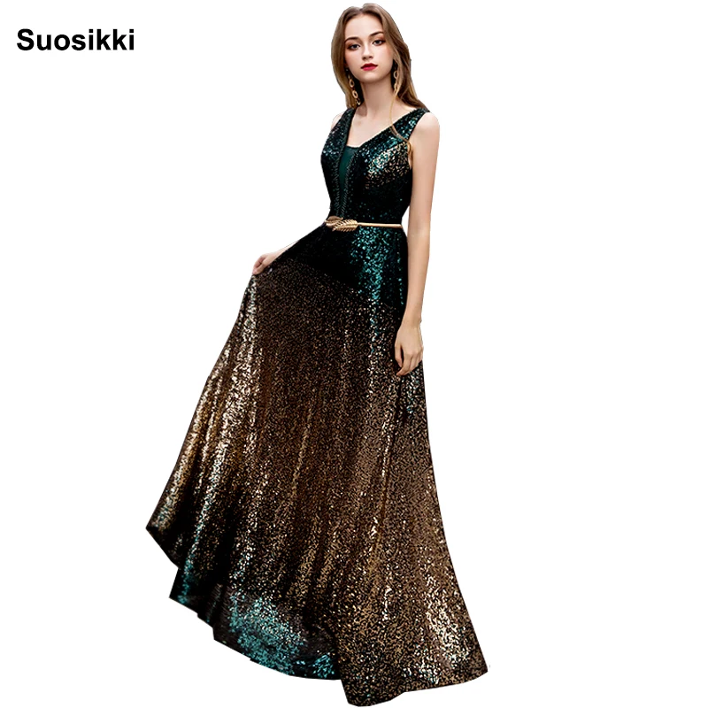 Evening Dress Backless Elegant Vestido De Festa Fast Shipping V-Neck Beads Bodice A Line Sequins Long Prom Party Gowns