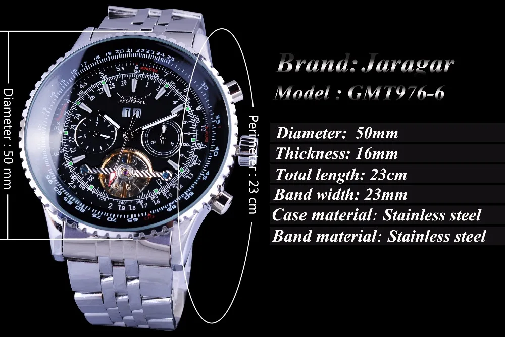 Jaragar Automatic Mechanical Fashion Men Male Watches Aviation Toubillon Silver Calendar Luxury Stainless Steel Band Wrist Watch