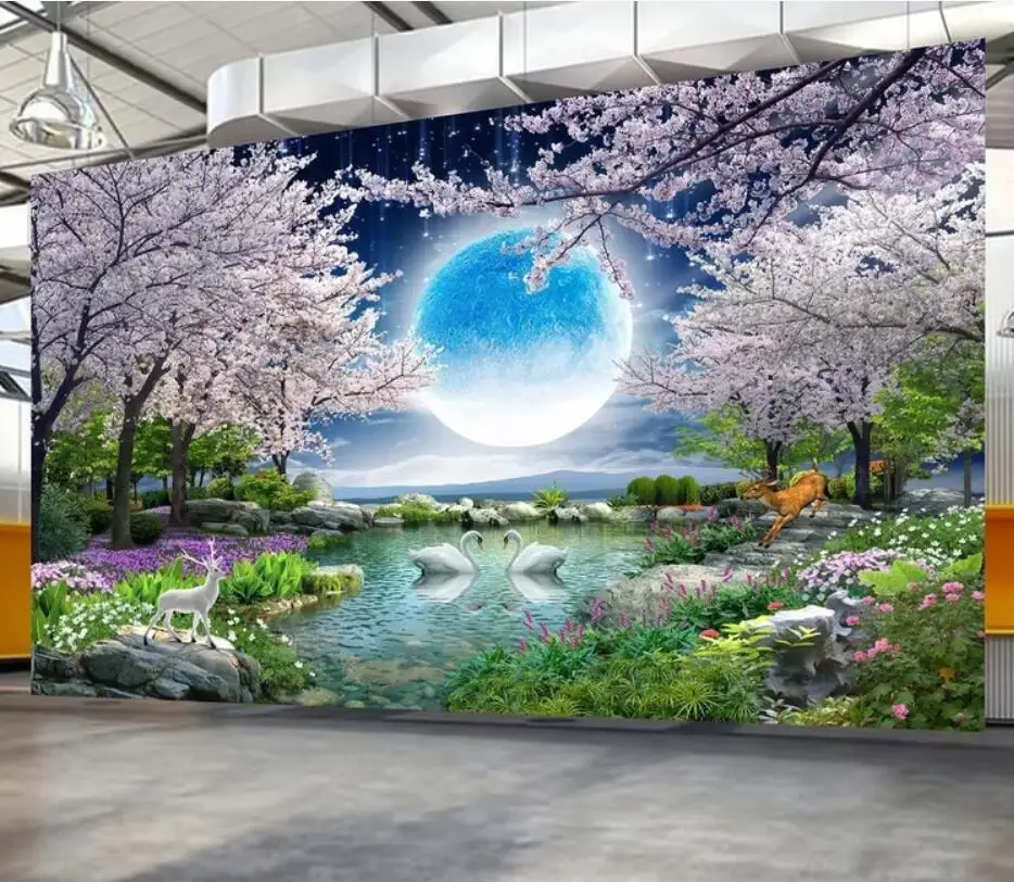 

Beautiful view of the moon a full moon cherry trees landscape TV background wall decoration wallpaper murals