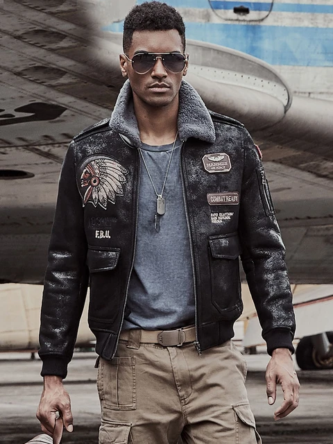 Indian Totem Men Aviator Jacket Mens Shearling Coat Pilot Jacket Mens Fur Coat B3 Sheepskin Outwear