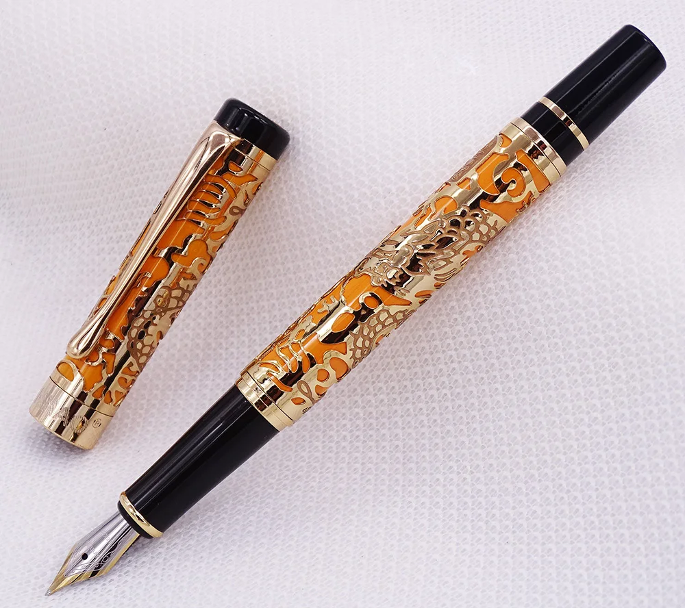 Imagem -04 - Jinhao 5000 Luxuoso do Vintage Metal Caneta Fonte Bela Textura Dragão Escultura Laranja & Caneta Tinta Dourada para o Negócio de Escritório