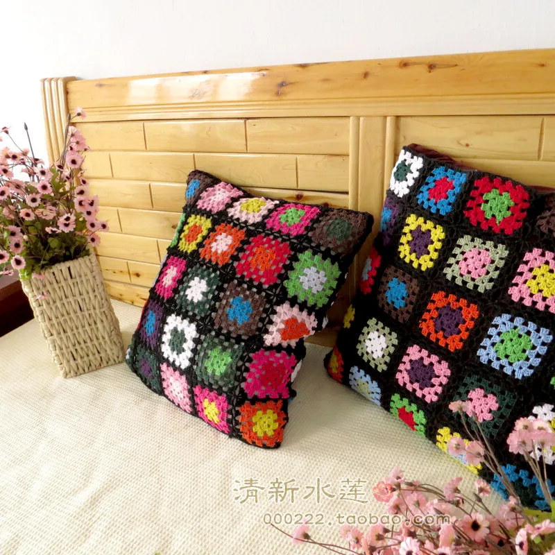 Free shipping colorful square cotton crochet cushion cover 100% cotton  pillow cover multicolour color block decoration cover