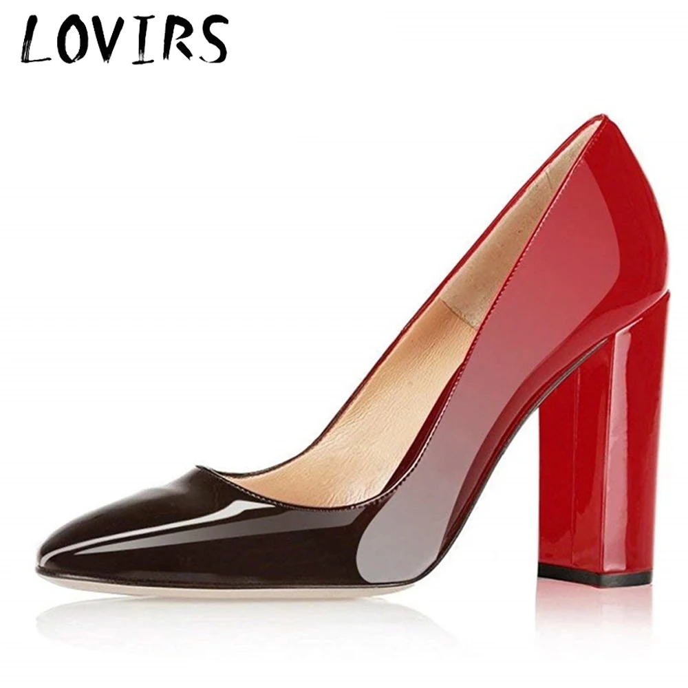 

LOVIRS Women Pointed Toe High Heel Pumps Chunky Heels Slip On Basic Shallow Gradient Patent Leather Shoes Dress Plus Size 5-15