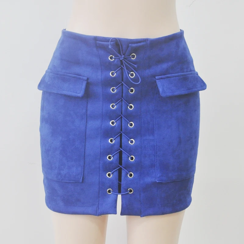 

2024 Women Autumn High Waist Lace Up Suede Leather Pencil Skirt Casual Soft Bandage Pocket Short Vintage Split Preppy Mini Skirt