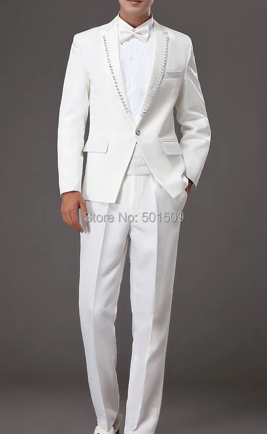 Free shipping mens rhinestone beading white tuxedo jacket and pants suits set stage performance/event suit