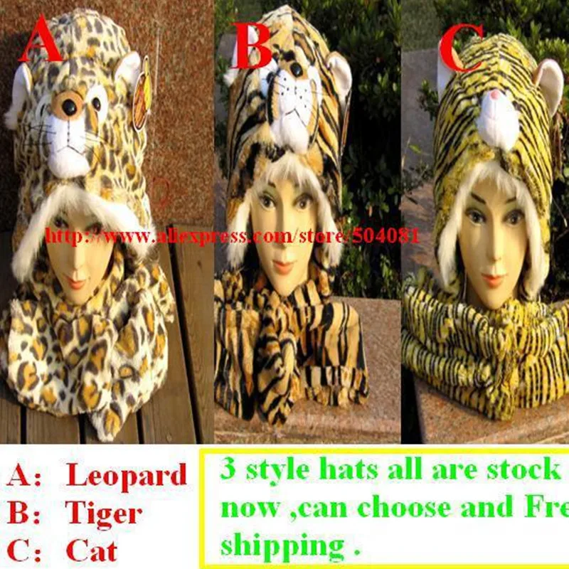 Cartoon Animals Tiger / leopard / cat Plush Warm hat Cap with Long Scarf Gloves Fashion Cute women men Children Soft winter cap