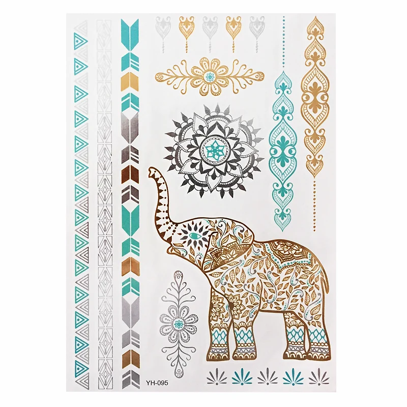 Flash Boho Metallic Gold  Flash Colorful Waterproof Temporary Tattoo Silver Elephant Gold Henna For body Art