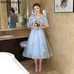 Robe de soiree 2024 light blue Tea-Length thin A Line evening Dress toast party dress vestido de festa prom dresses 3 colors