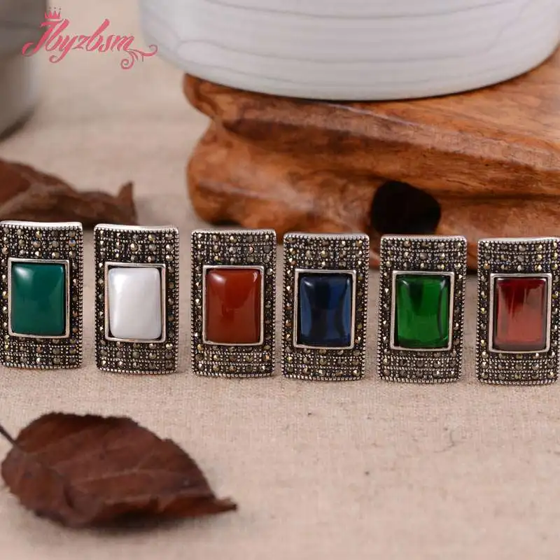 

8x12mm Rectangle Stone Stone Inlaid Marcastie Tibetan Silver Clamp Earring 1 Pair.Female Popular Energy Healing Lucky Jewelry