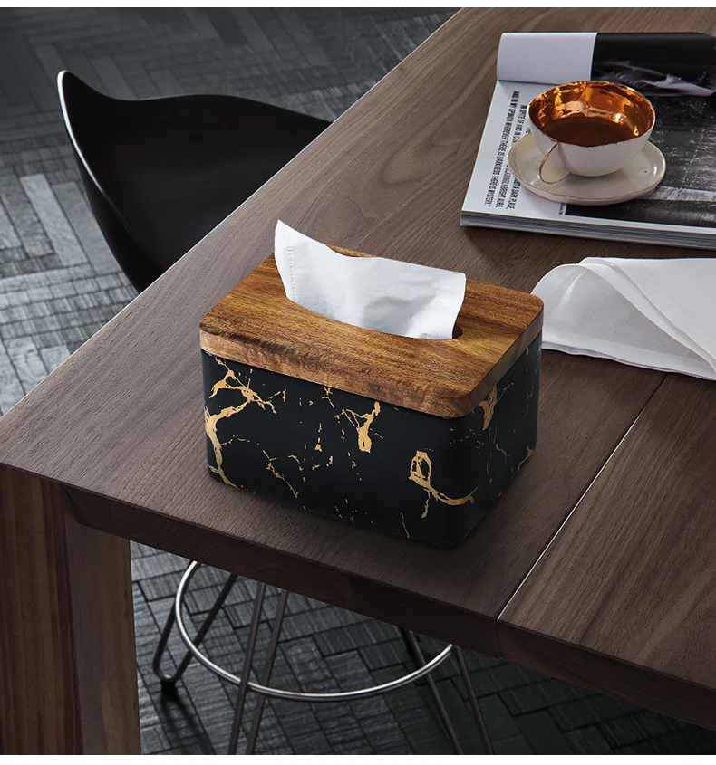 Luxury Black Gold Marble Pattern Ceramic Tissue Box Home Creative Model Room Bathroom Decoration Tray