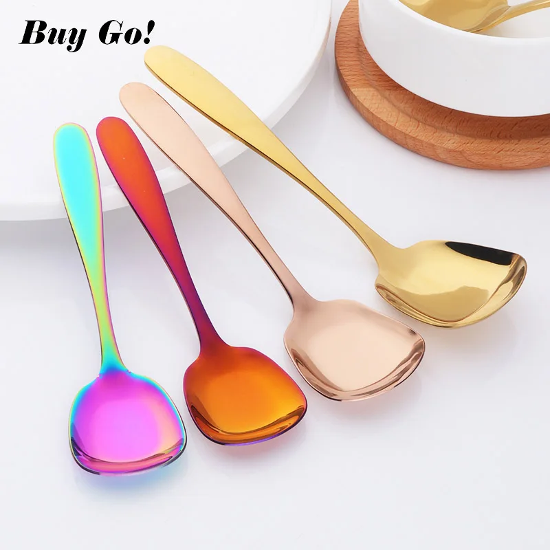 1PC Stainless Steel Rice Spoon S M L Square Spoon Ladle Gold Dessert Ice Cream Table Spoon for Kids Restaurant Kitchen Tableware 