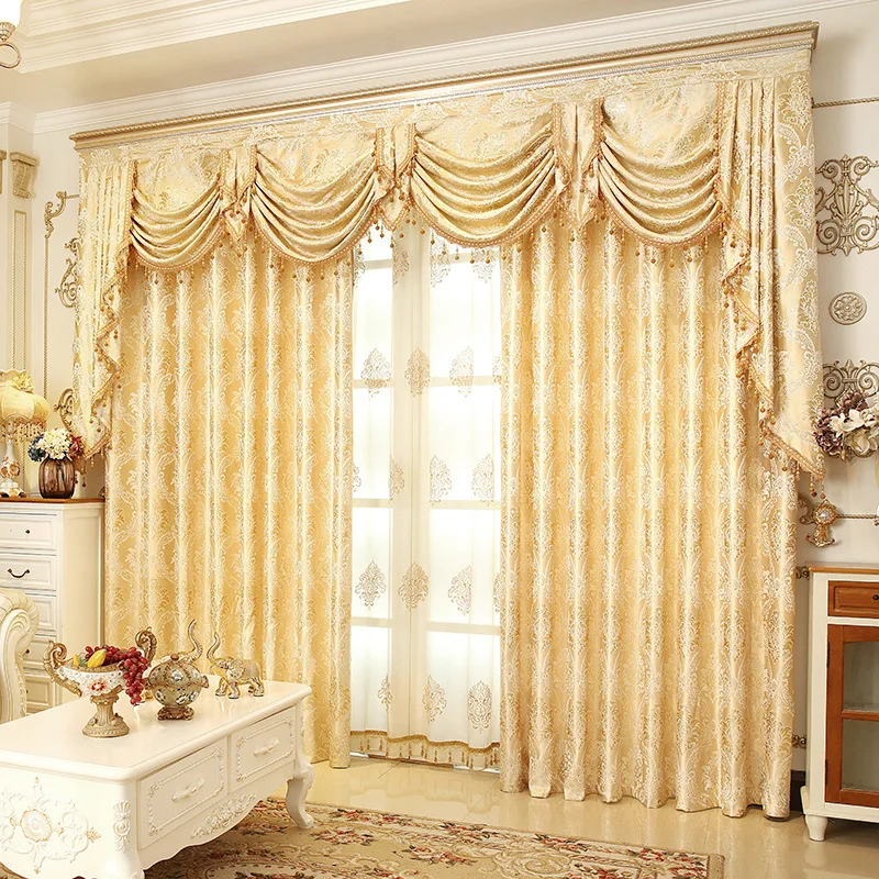 Custom curtains luxury high class European French yellow embroidered yarn dyed cloth blackout curtain tulle valance N307