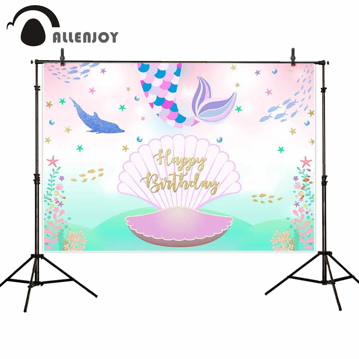 Allenjoy人魚の尾パーティー背景サンゴシェル下海魚パステルphotozone装飾ハッピーバースデーベビーシャワーのパーティーバナー