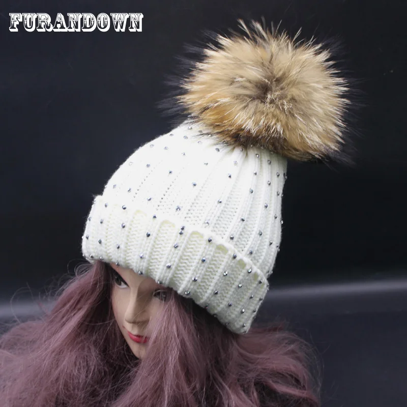 

2019 New Fashion Women Winter Rhinestone Beanie Hats Big Pompon Beanie Caps Big 18cm Real Fur Pompom Hat For Women