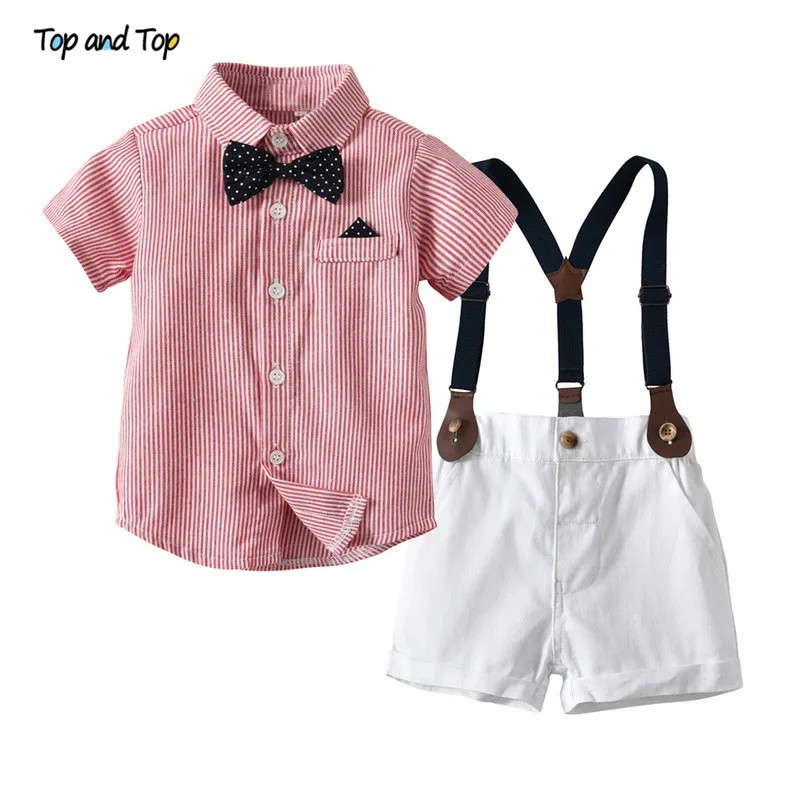 

Top and Top Summer Fashion Children Boys Clothes Sets Short Sleeve Striped Shirt+Overalls Casual Gentleman Suit Bebe