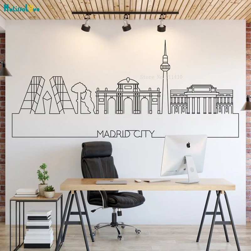 Madryt Skyline prosta linia dekoracja panorama miasta naklejka ścienna winyl do wystroju wnętrz wymienny pejzaż miejski artystyczny Design YT1450