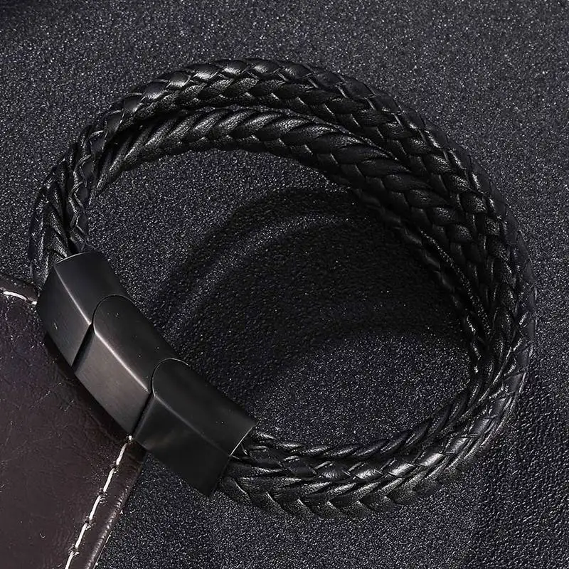 

Fashion Style Multilayer Braided Men Leather Bracelet Adjustable Magnetic Clasp Bangles Men's Jewelry BB507