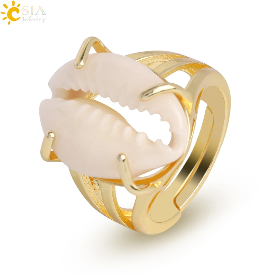 CSJA Natural White Conch Ring for Women Men Seashell Finger Rings Adjustable Silver Color Summer Beach Party Jewellery G057