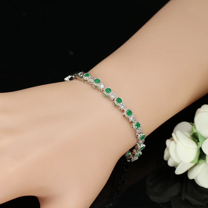 CWWZircons Elegant Women Wristband Jewelry Silver Color Natural Round Green Crystal Bracelet with Cubic Zirconia Stones  CB053