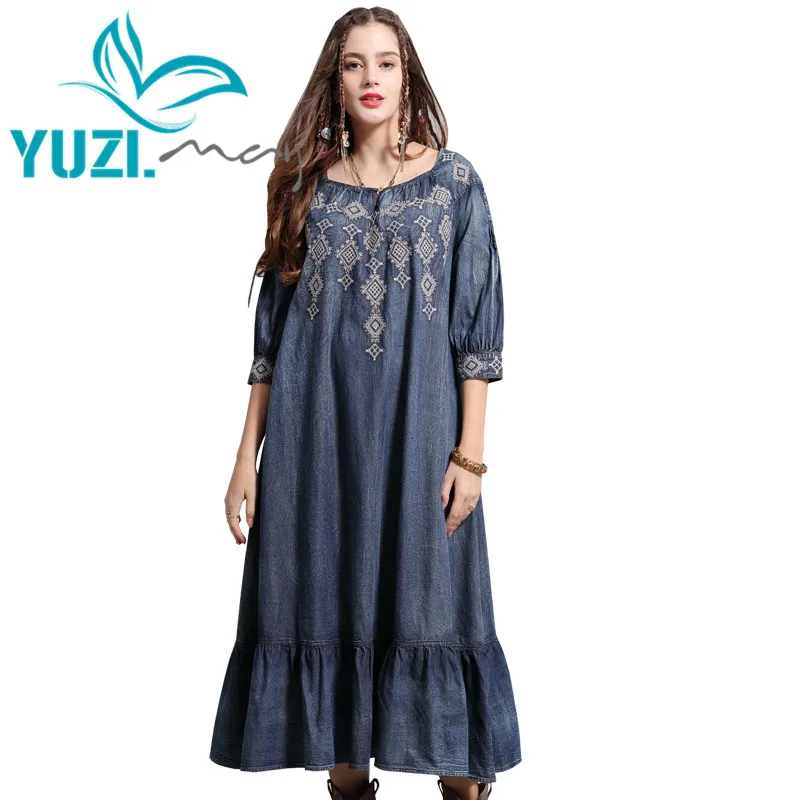 Váy Nữ 2019 Yuzi. có thể Boho New Denim Phụ Nữ Dresses O-Cổ Nửa Tay Áo A-Line Thêu Cổ Điển Vestidos Lỏng A82126