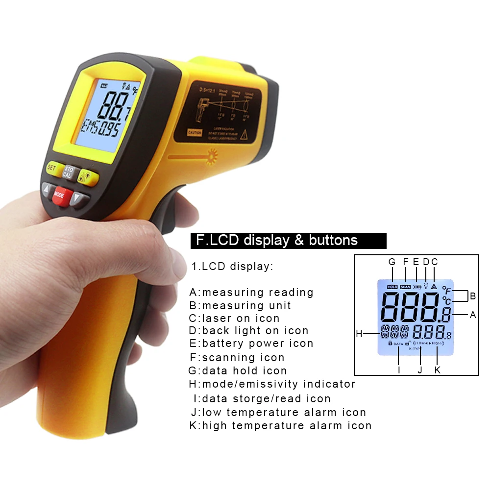 Digital Infrared Thermometer IR Laster Temperature Meter Non-contact LCD  Industrial Outdoor Gun Handheld Pyrometer 400 600 950