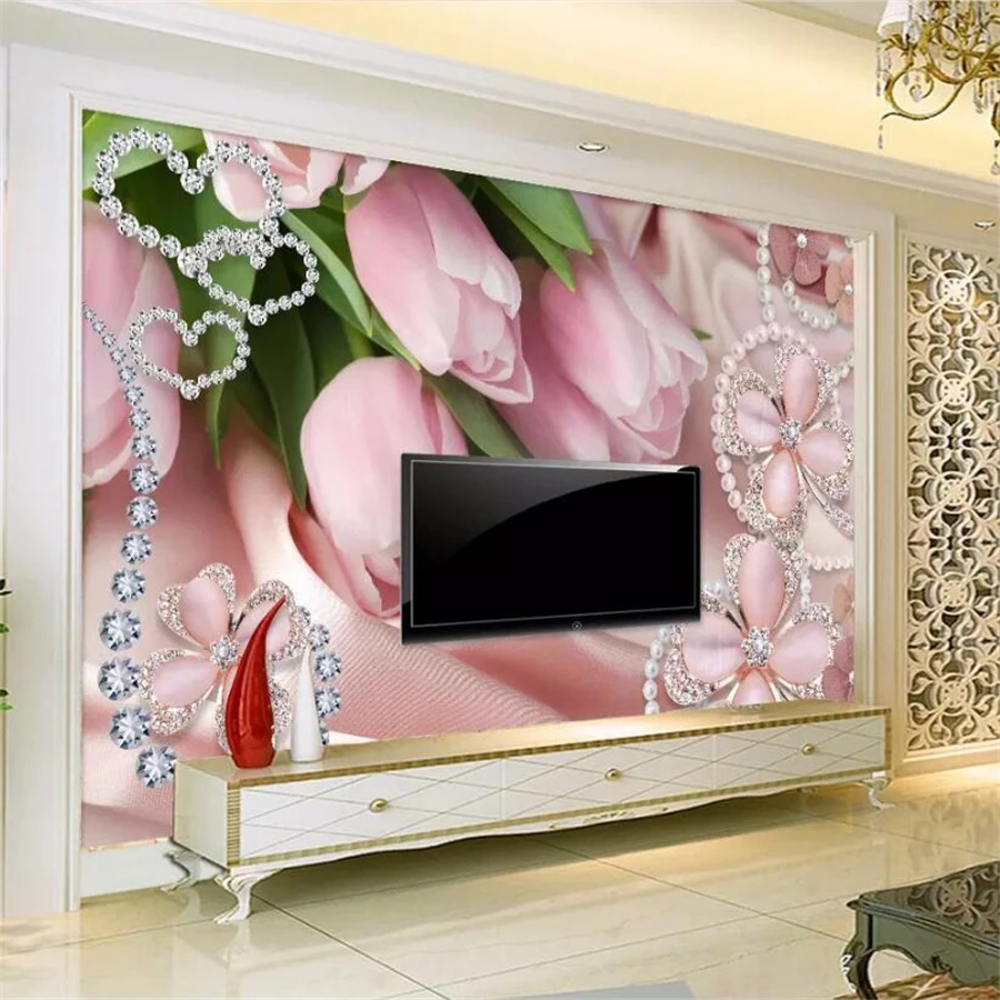 wellyu papel de parede Custom wallpaper 3d mural pink diamond jewelry tulip clover TV background wall living room wallpaper обои