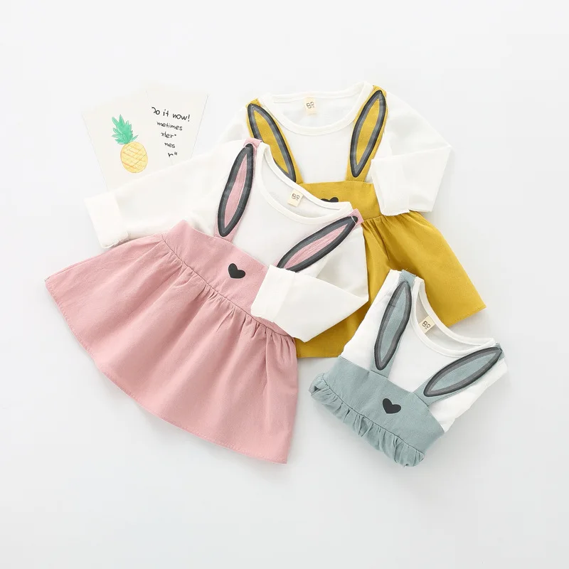 

Zhili Manufacturers Kids qiu kuan Plain mi yan tu Ear Shoulder Strap Mock Two-Piece Dress 2018 tong qun Wholesale A057