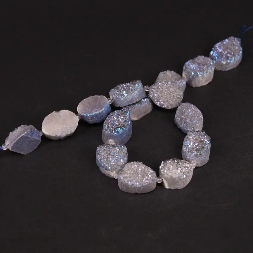 Approx15PCS/strand Blue Grey Titanium Natural Roug Agates Crystal Druzy Oval Slab Nugget Beads,Quartz Geode Drusy Slice Pendants