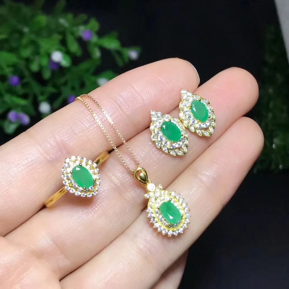 Natural and Real Emerald jewelry set Natural Real Emerald 925 sterling silver 1pc pendant,1pc ring ,2pcs Earring