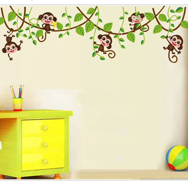 

Cute Mini Monkeys Wall Stickers For Kids Room Art Decals Vinyl 3D Animals Plants Wallpaper Sticker Bedroom Mursery Home Decor
