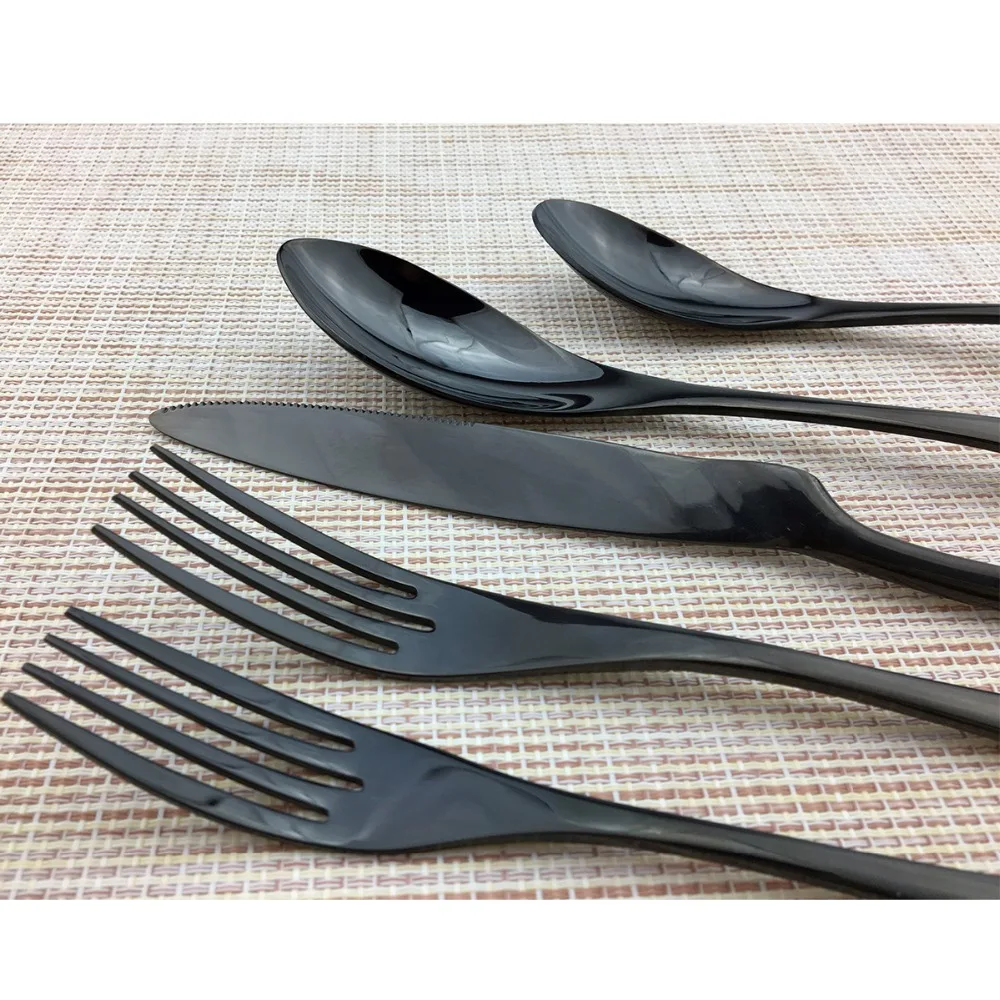 JANKNG 5Pcs Stainless Steel Cutlery Set Mirror Polishing Silverware Dinner Black Dinnerware Knife Tableware Set Service For 1