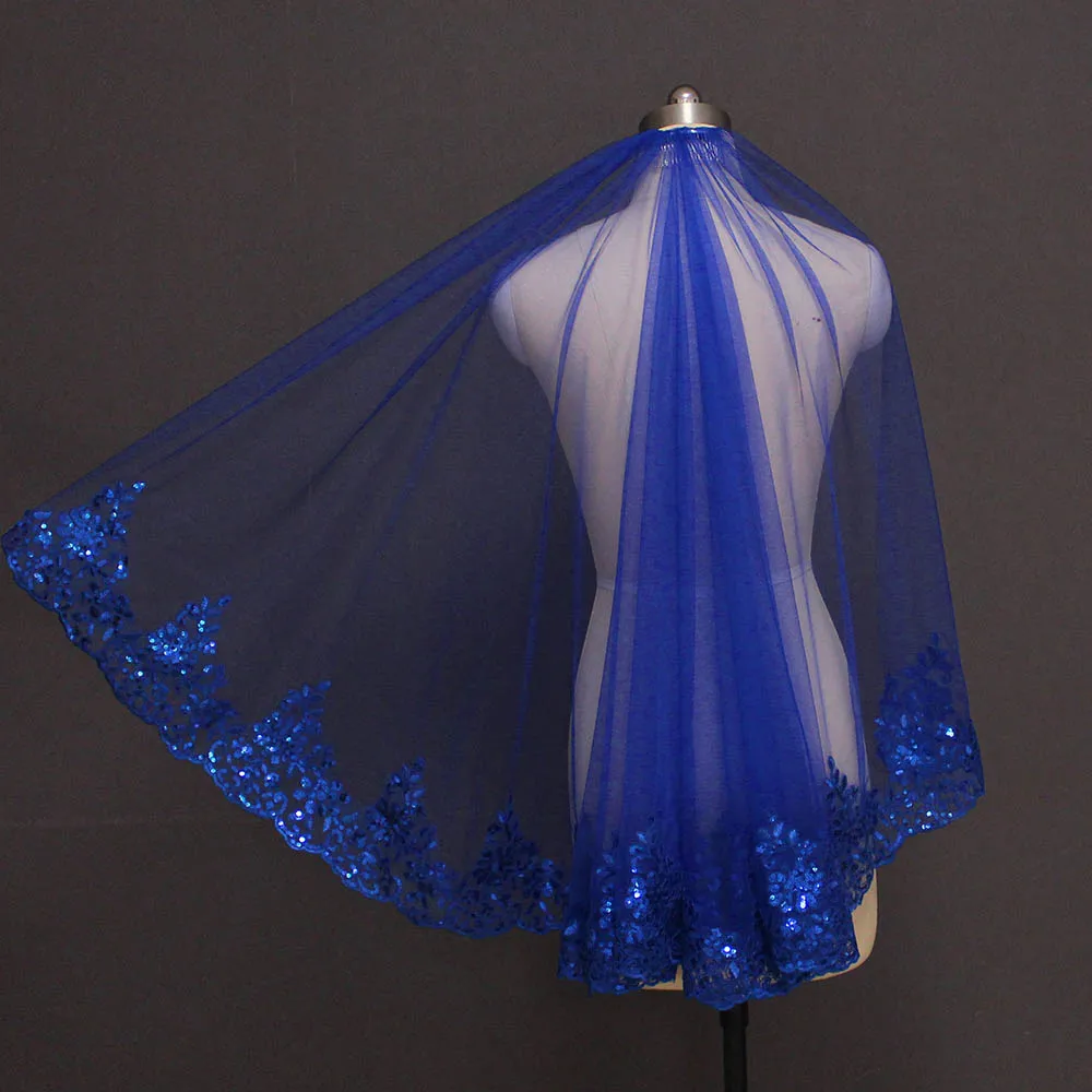 Customized Royal Blue Bling Sequins Lace Short Bridal Veil One Layer Beautiful Wedding Veil Wedding Bride Accessories