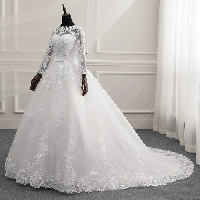 High Quality Full Sleeve Pure White Ivory Appliqued Lace Tulle Girl Princess Train Wedding Dresses Vestidos De Novia Big Gown