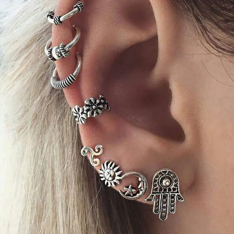 Modyle 8pc/set Bohemia Earrings Moon Sun Hand Design Ear Stud for Women Antique Silver Color Ear Cuff Ear Bone Piercing Earrings